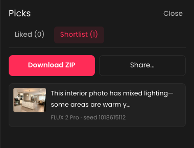 Detail of the Picks panel: one shortlisted kitchen image, with Download ZIP and Share controls.