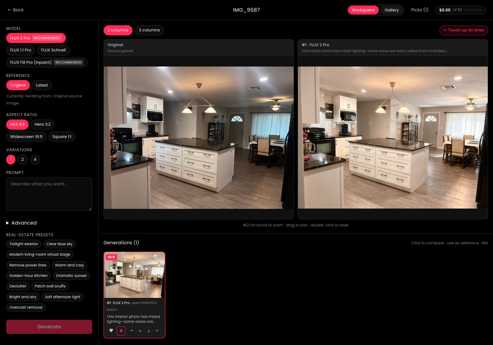 The editing workspace showing model and reference controls, a prompt panel, the original and refined kitchen side by side, and the saved generation below.
